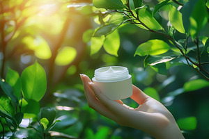 Female model hand holding cosmetic jar on green leaves background, a Beauty & Fashion Photo by AlyaAnd