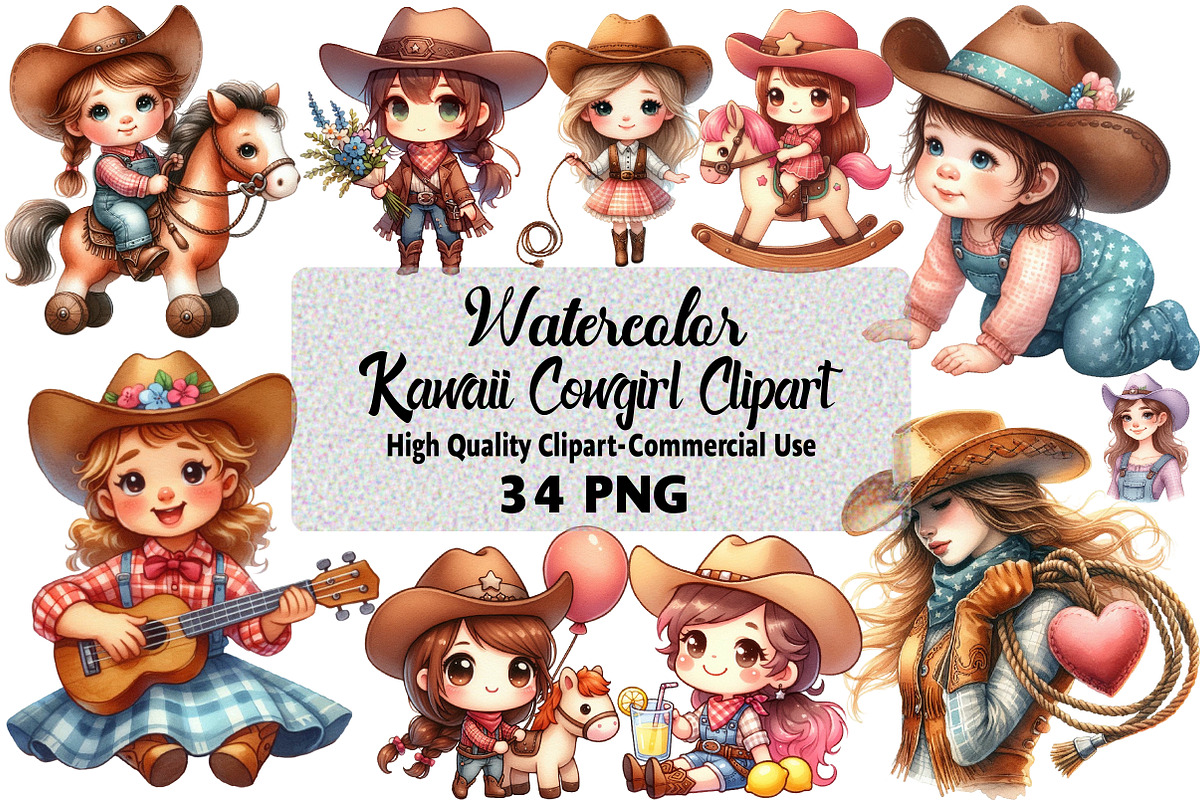 Kawaii Cowgirl Clipart Bundle, an Illustration by Daily.Designs (Photo 1 of 5)