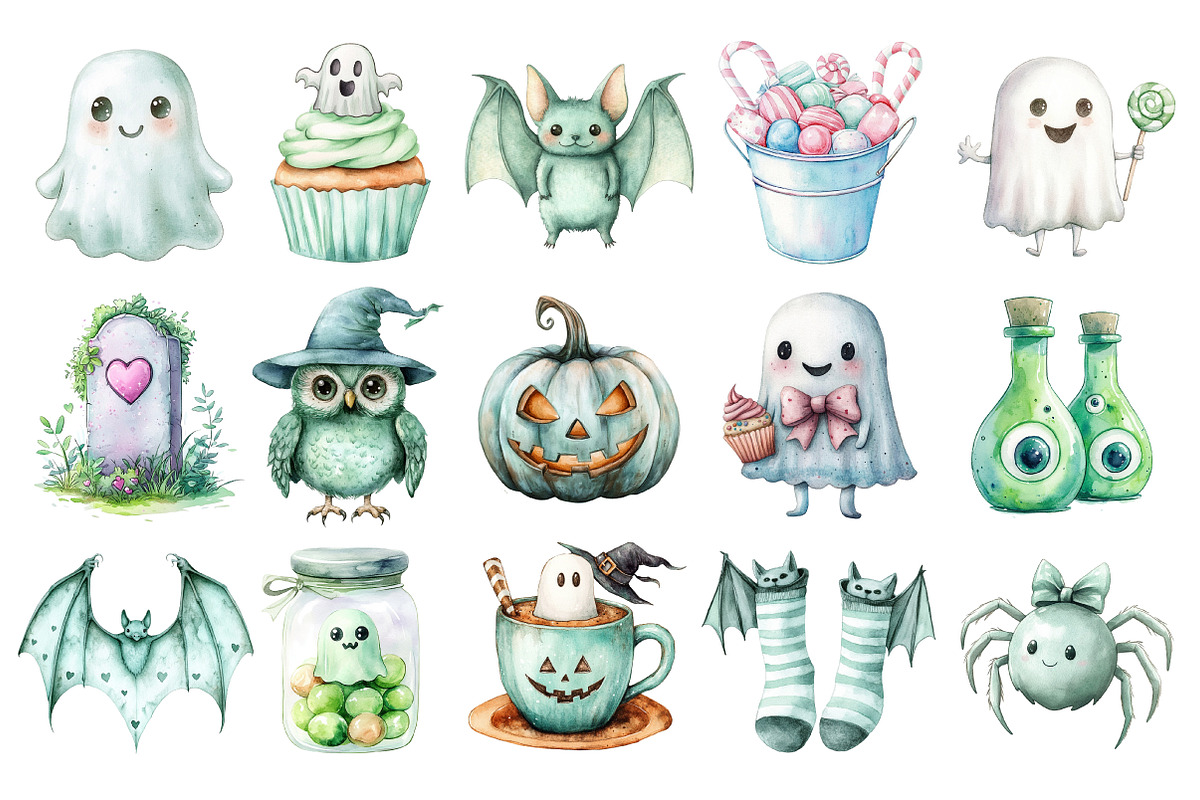 Pastel Mint Halloween Clipart, an Illustration by SinaCreation (Photo 2 of 4)
