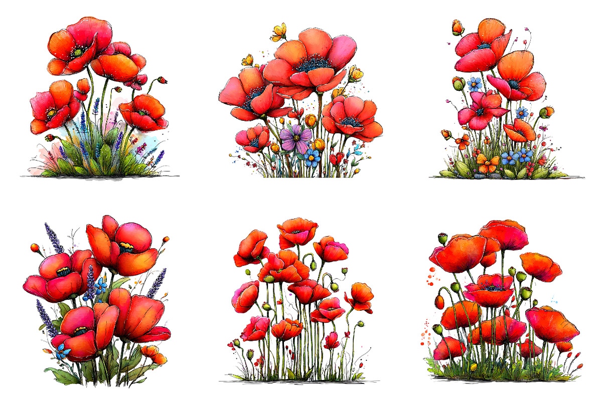 Spring meadow poppies clipart, an Illustration by SinaCreation (Photo 4 of 11)