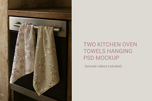 Two kitchen oven towels hanging PSD, a Merchandise Mockup by jenartstudio
