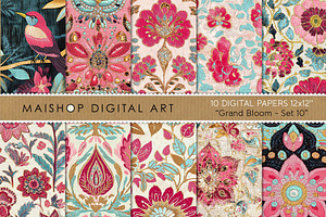 Floral Bird Embroidery Digital Paper