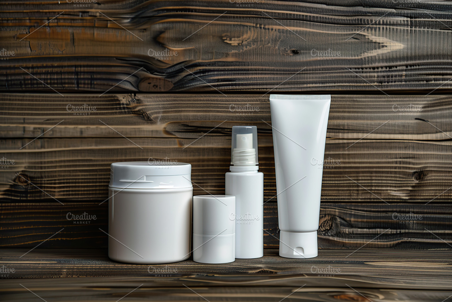 Blank cosmetic containers on wooden table, a Health & Medical Photo by AlyaAnd