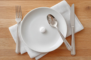 Minimalist flat lay of a dining table setting with utensils and a plate at morn, a Photo by AlyaAnd
