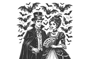 Victorian Vampire Couple Surrounded, a Person Illustration by AlexArt