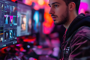 A focused young man motion designer working on a computer in a vibrant, colorfu, a Person Photo by Textures & Backgrounds
