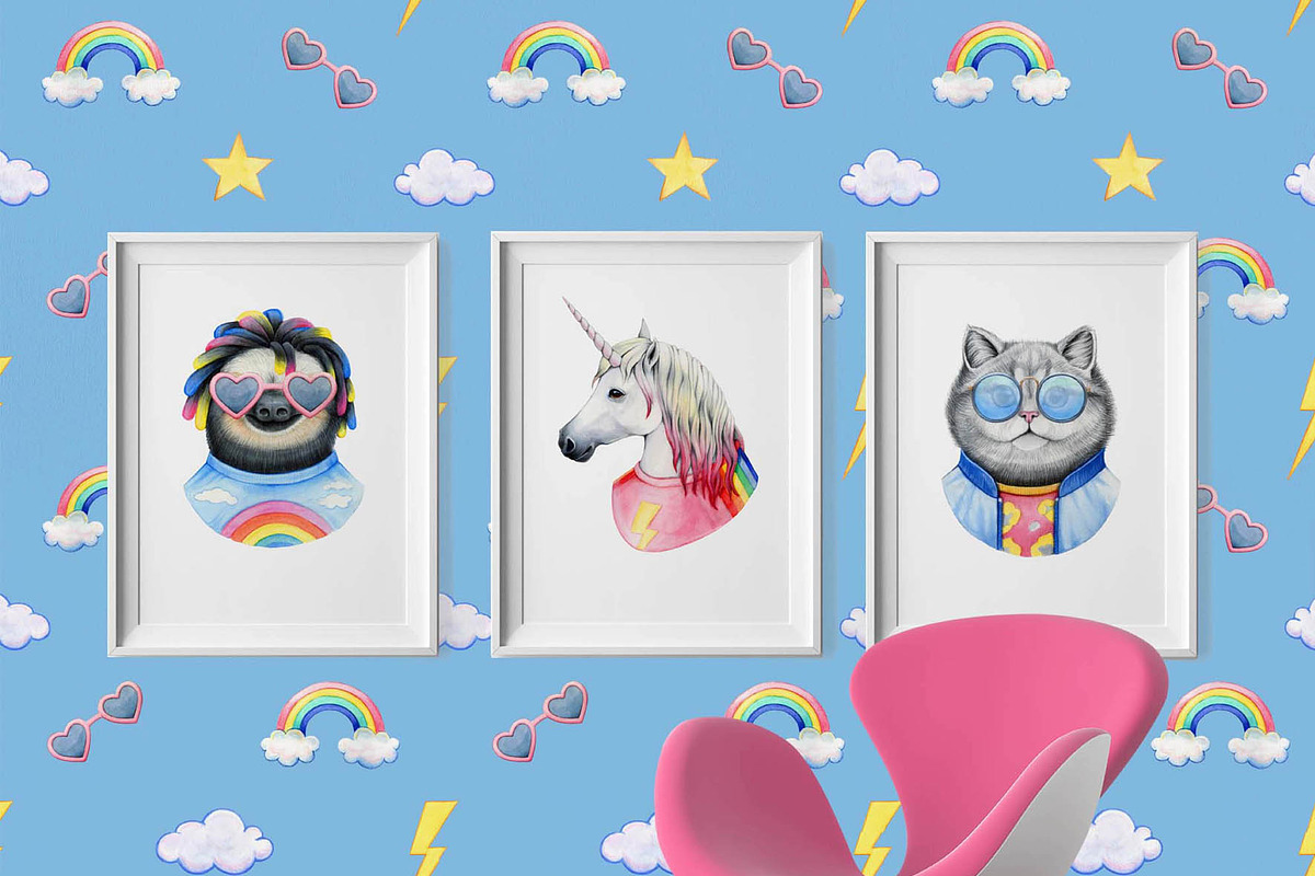 90s Dressed up watercolor animals, an Animal Illustration by AnastasiaFears (Photo 3 of 11)