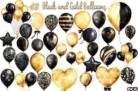 Black and Gold Balloons Clipart, an Illustration by DreamCafeArt