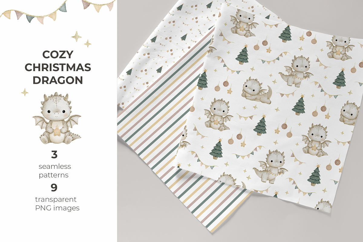 COZY CHRISTMAS DRAGON PATTERNS & PNG, a Pattern Graphic by tetiartline (Photo 1 of 4)