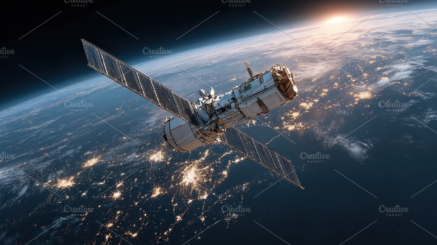 Spacecraft orbiting Earth at sunrise, a Photo by Pixeness Studio