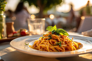 Italian pasta dish with tomato served outdoors in a warm evening setting by the, a Food & Drink Photo by AlyaAnd