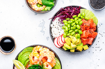 Poke bowl set: tuna, salmon, shrimps with avocado, fruits and ve, a Food & Drink Photo by 5PH