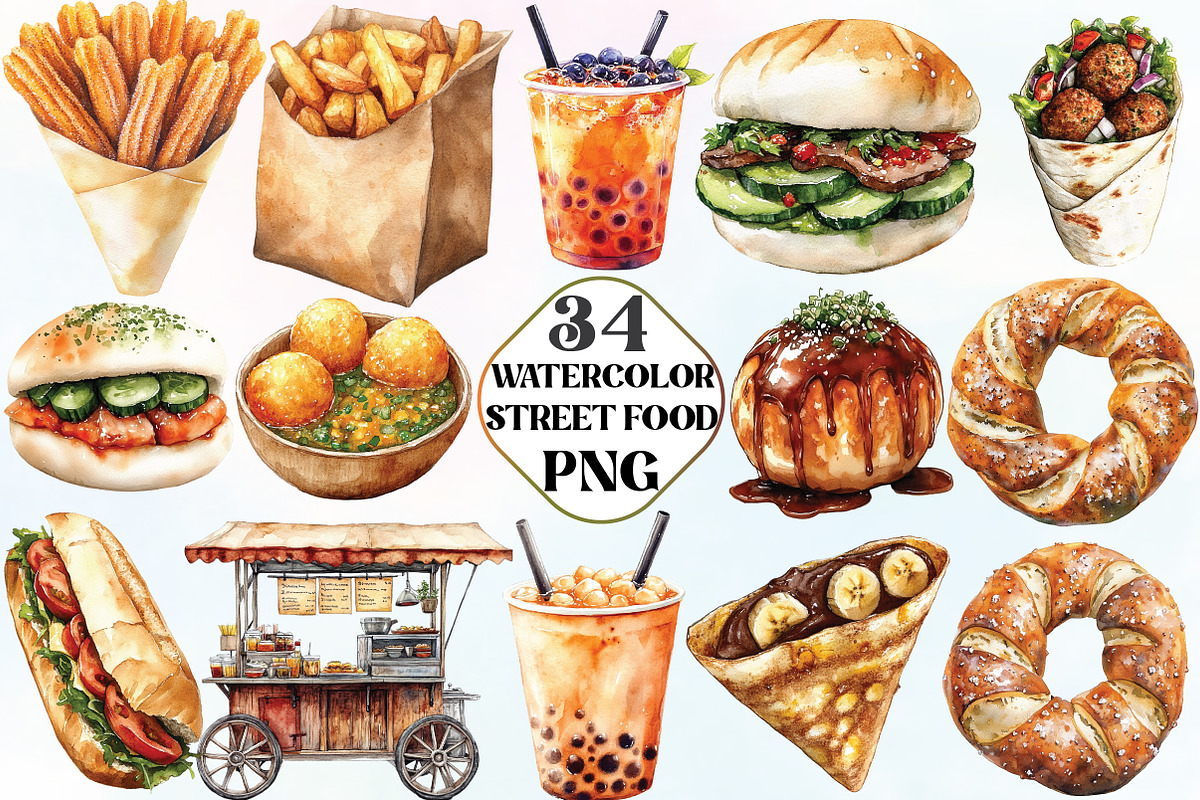 Watercolor Street Food Clipart, an Illustration by CraftArtStudio (Photo 1 of 6)