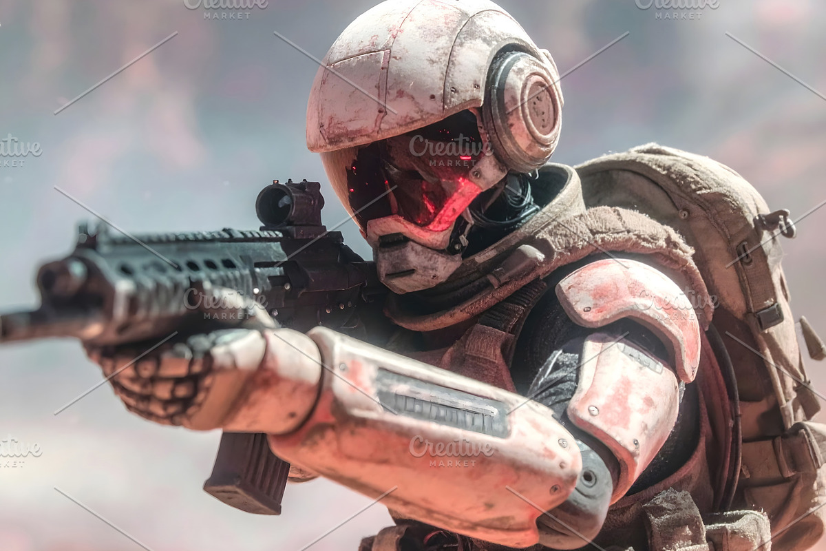 Robot soldier scanning horizon with tactical weapon ready, an Industrial Photo by GoodGoods (Photo 1 of 2)