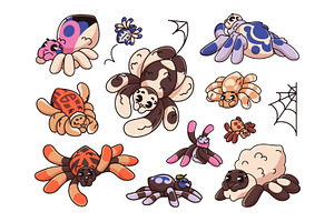 Cute spiders set + seamless patterns, an Animal Illustration by PaperTrident