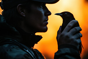 A silhouette of a ornithologist person holding a bird close to their face again, a Person Photo by Textures & Backgrounds