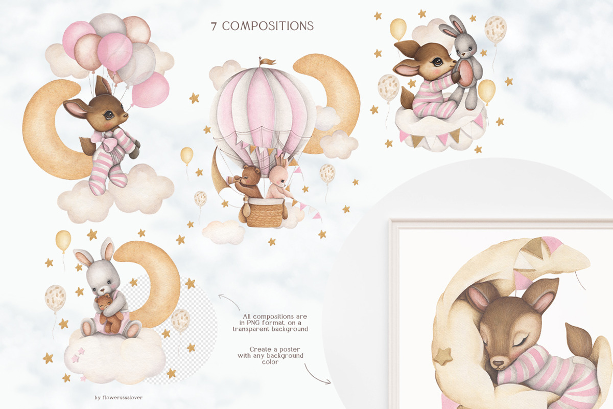 Watercolor Cute Set In The Sky, an Animal Illustration by ViktoriyaD (Photo 9 of 12)