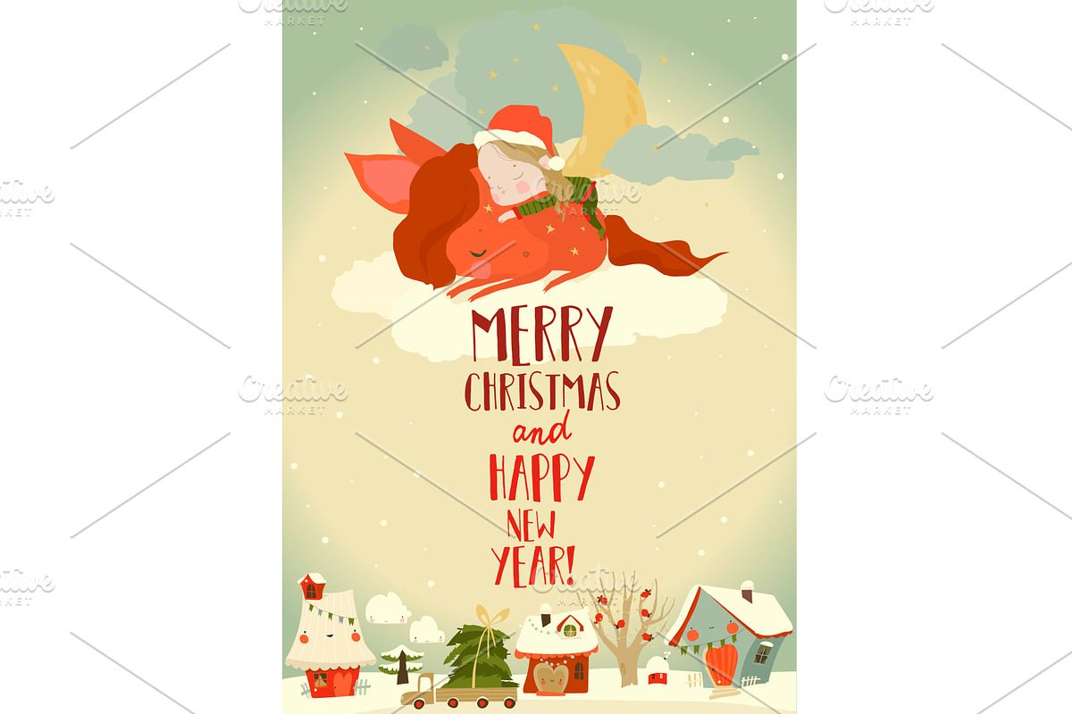 Cute Girl lying with Red Horse on, an Object Illustration by Maria Starus