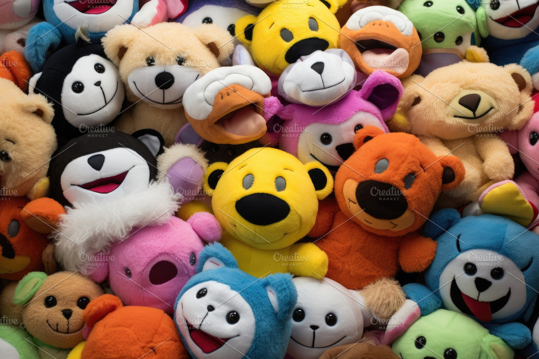 Pile of teddy bears, closeup view. T, a Photo by Iftikhar Alam