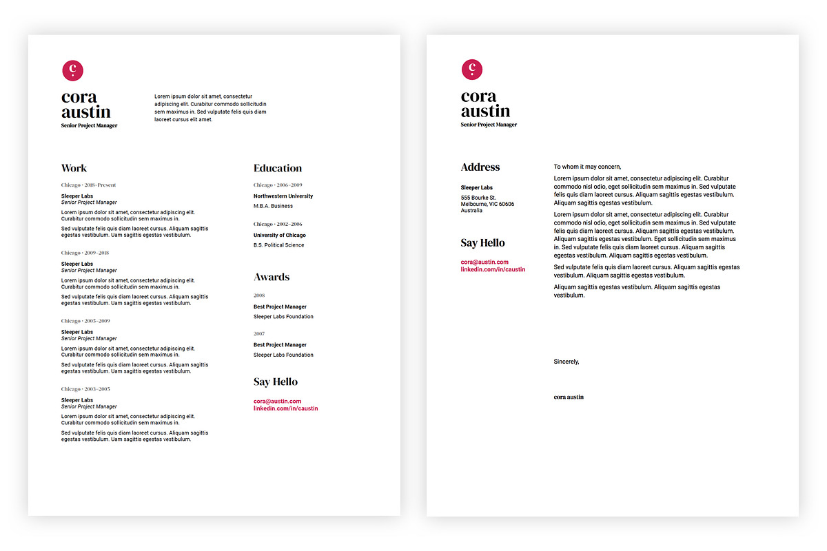 Cora - Resume and Business Cards, a Resume Template by Sleeper Labs (Photo 2 of 7)