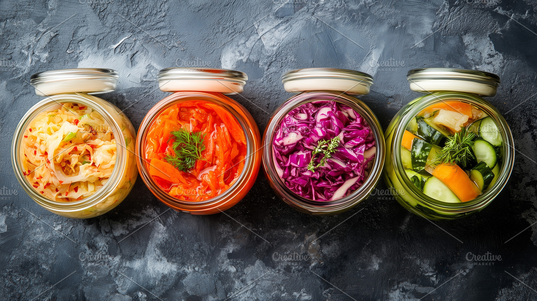 Top view on fermented food in jars, a Photo by MistyDay