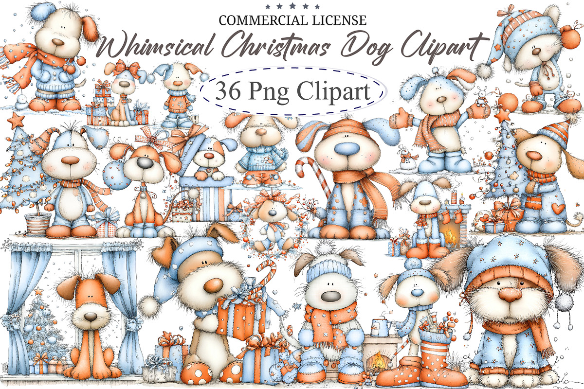 Whimsical Christmas Dog Clipart, an Illustration by designcity5 (Photo 1 of 5)