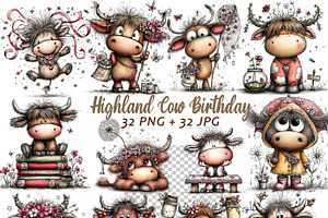 Highland Cow Birthday Animal Clipart, a Graphic by one-touch