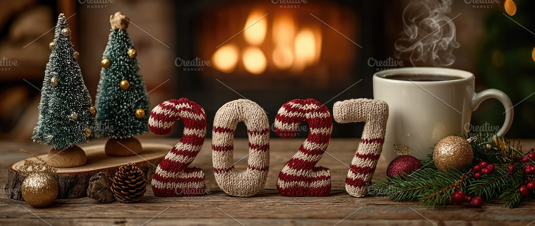 Cozy 2027 New Year Holiday Scene With Knitted Numbers and Firepl, a Holiday Photo by José Manuel Gelpi