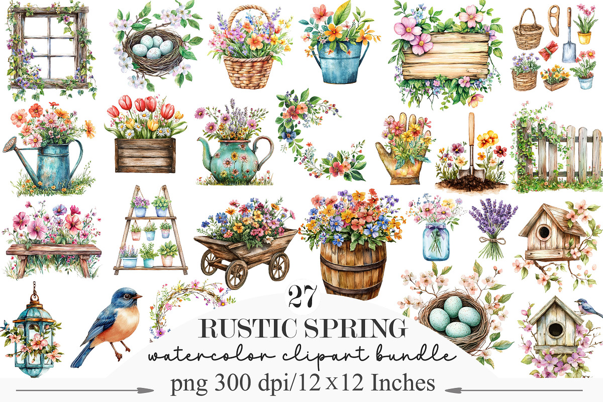 Watercolor Rustic Spring Clipart, an Illustration by Designking (Photo 1 of 5)