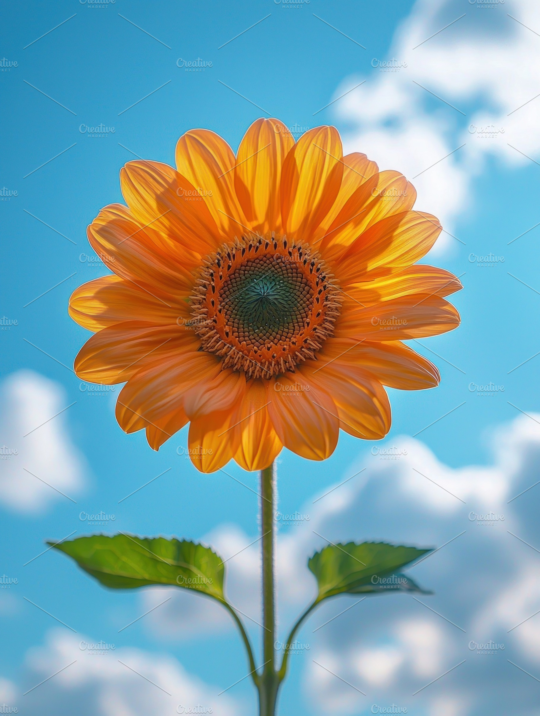 Single vibrant sunflower with bright petals and green leaves aga, a Nature Photo by José Manuel Gelpi