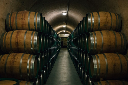 Wine barrels stacked in a cellar featuring wine, cellar, and drink