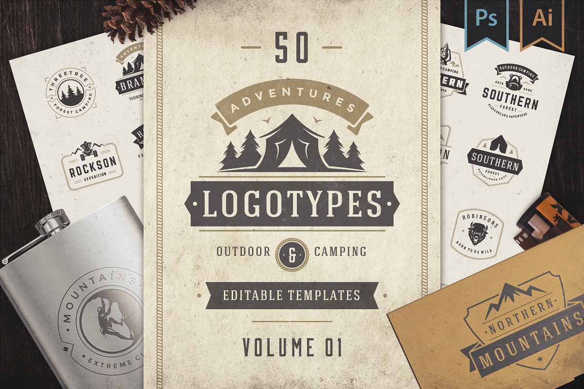 50 Outdoor logos and badges, a Branding & Logo Template by Vasya Kobelev (Photo 1 of 19)