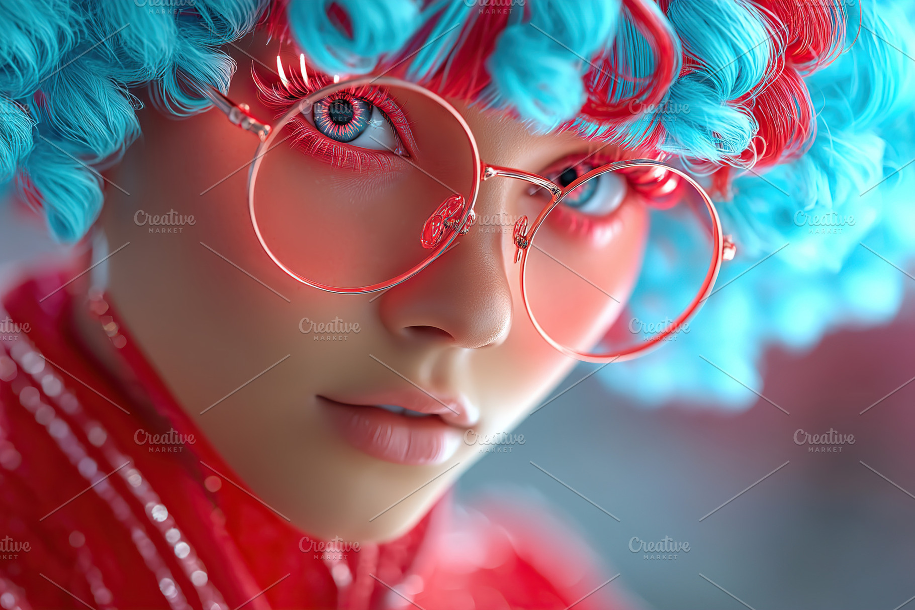 Portrait of a person with colorful curly hair and stylish glasses in vibrant co, a Person Photo by AlyaAnd