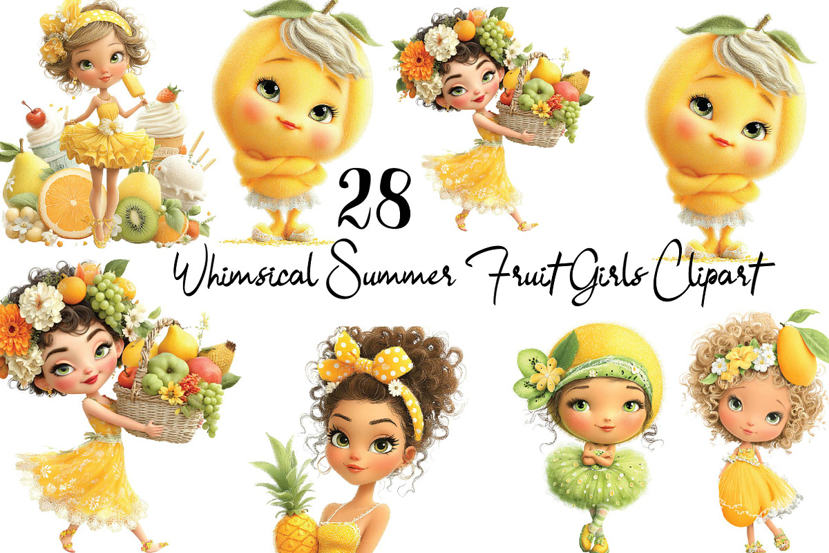Whimsical Summer Fruit Girls Clipart, a Food Illustration by SVGArt (Photo 1 of 3)