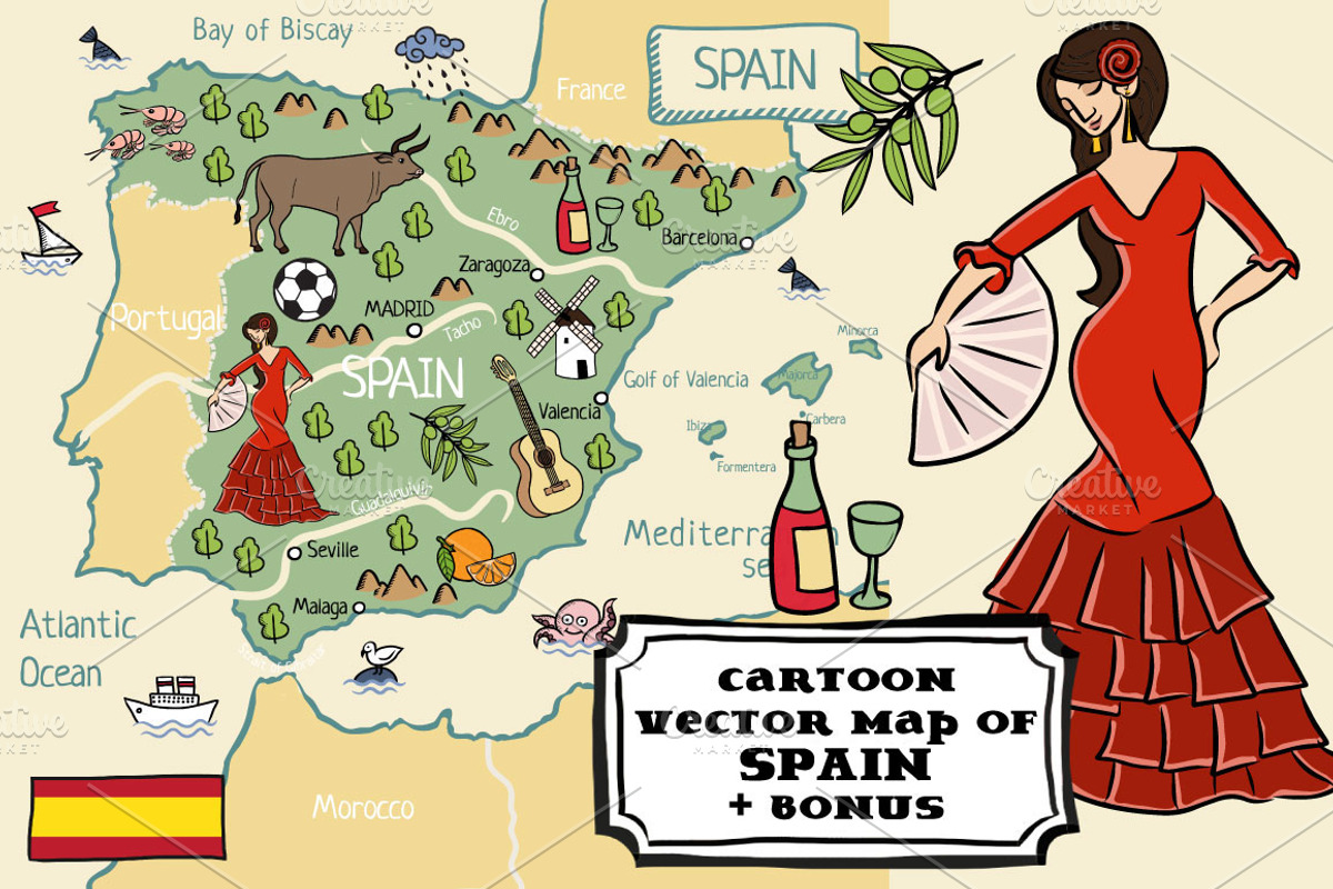 Cartoon vector map of Spain +bonus, an Illustration by Nata Savina Art (Photo 1 of 3)
