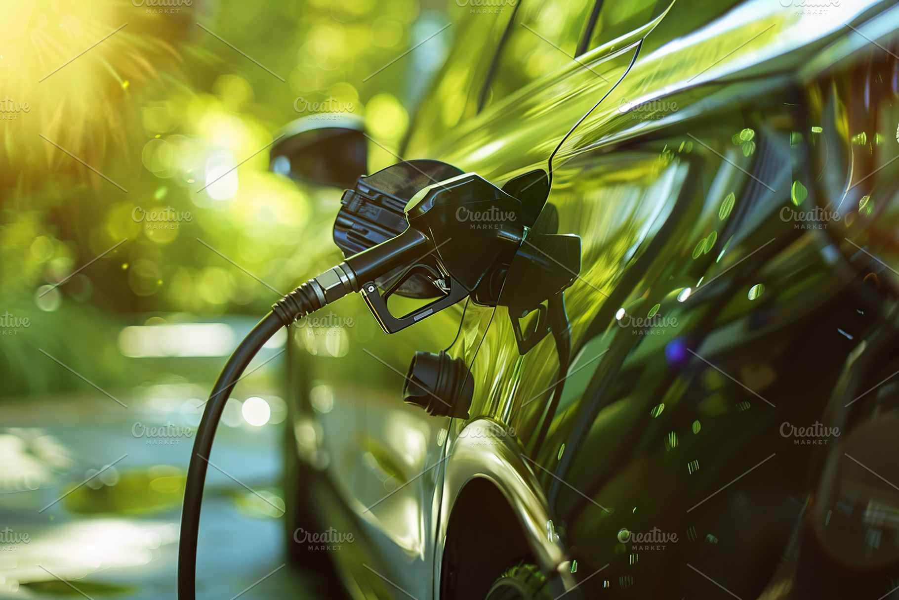 Fuel gun fueling car with petrol at gas station, a Transportation Photo by AlyaAnd