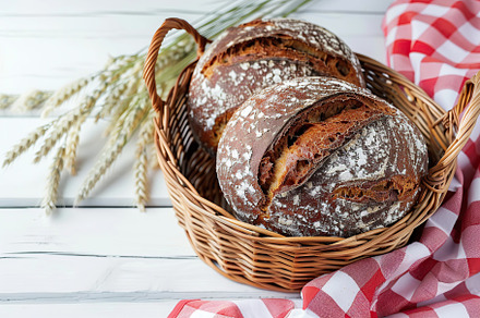 Baked rye bread in basket on wooden table, a Food & Drink Photo by AlyaAnd