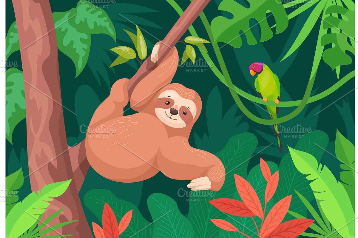 Cartoon sloth on branch. Rainforest, an Animal Illustration by Stock-Smart-Start