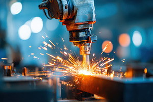 Robotic welding sparks cutting metal, an Industrial Photo by AlyaAnd