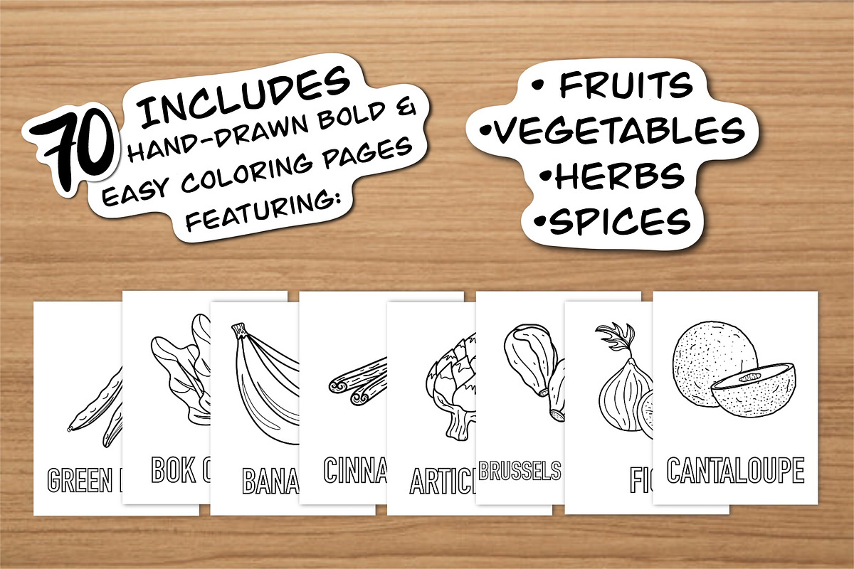 Fruits & Veggies 70 Bold/Easy Pages, a Food Illustration by Bujo Studio (Photo 3 of 3)