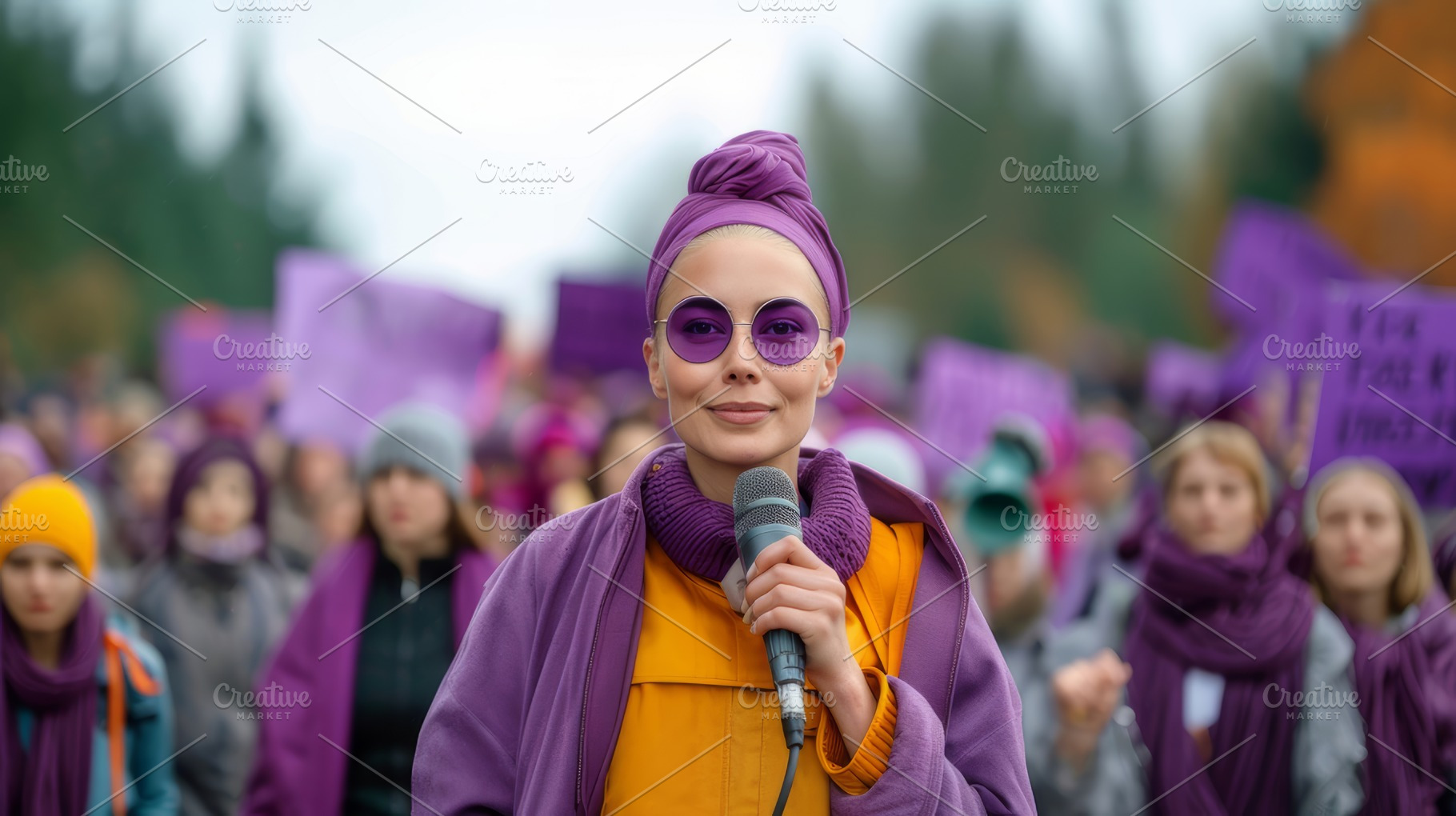 Empowered Woman Leading Protest with Megaphone, Group of Activists in Backgroun, a Photo by AS photostudio