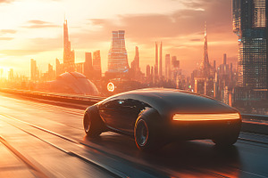 Futuristic car on highway at sunset in sci-fi city, a Technology Photo by Photostock
