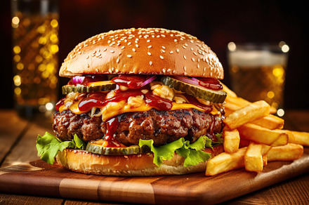 Illustration of tasty burger and french fries on wooden table, a Food & Drink Photo by AlyaAnd