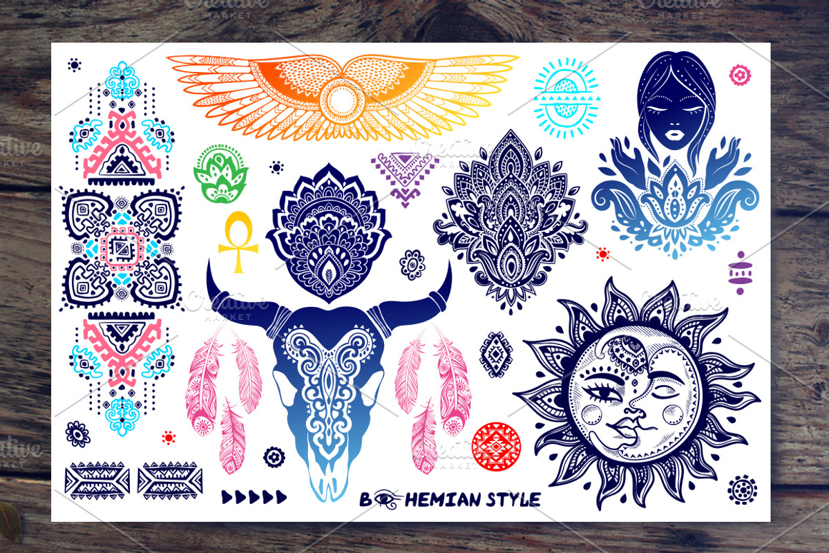 Set of Bohemian style flash tattoos, an Icon by Transia (Photo 1 of 5)