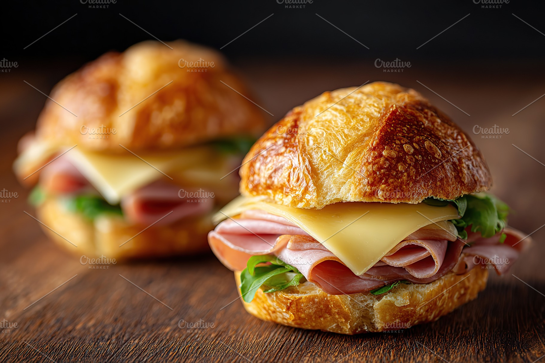 Brioche bun sandwiches stacked with layers of ham and cheese served on a wooden, a Food & Drink Photo by AlyaAnd