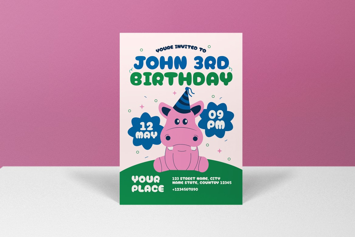 Blue Pink Kids Birthday Invitation, an Invitation Template by graphicook (Photo 3 of 3)