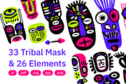 33 Tribal Mask Faces + 26 Elements, a Decorative Illustration by crafty (Thumbnail 1 of 4)