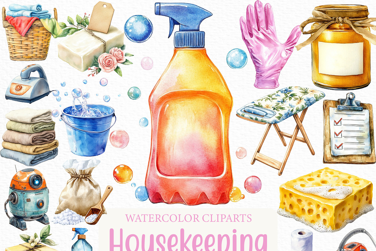 Watercolor Housekeeping Clipart, an Illustration by Craft Nest (Photo 1 of 6)