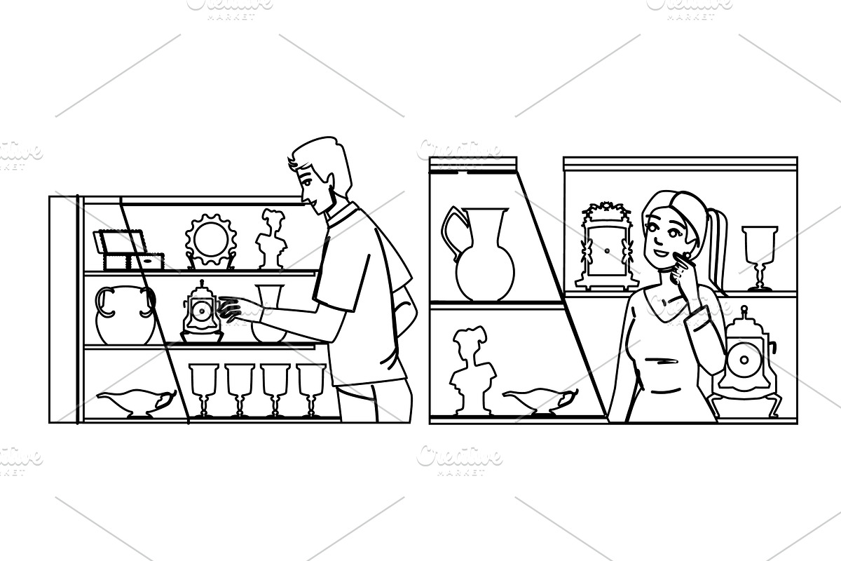 curios antique shop vector, a Person Illustration by pikepicture