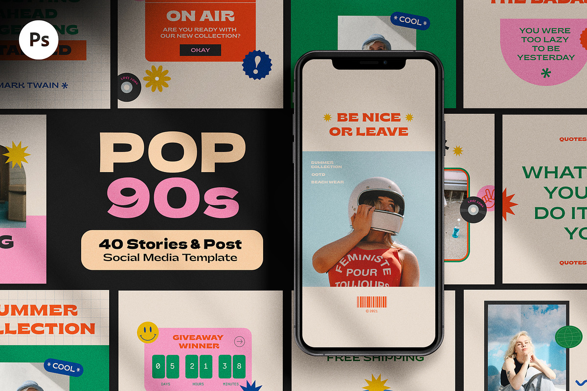 Pop90s Social Media Templates, a Social Media Template by Creavora (Photo 1 of 11)